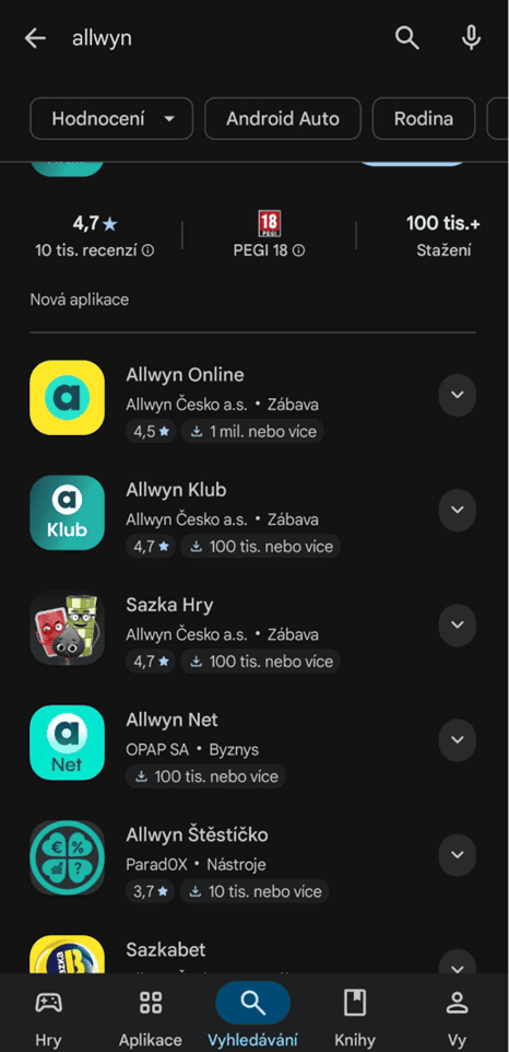 vyhledejte aplikaci Allwyn Online