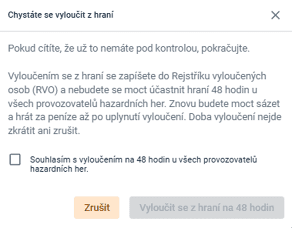Potvrďte checkboxem, že souhlasíte s vyloučením