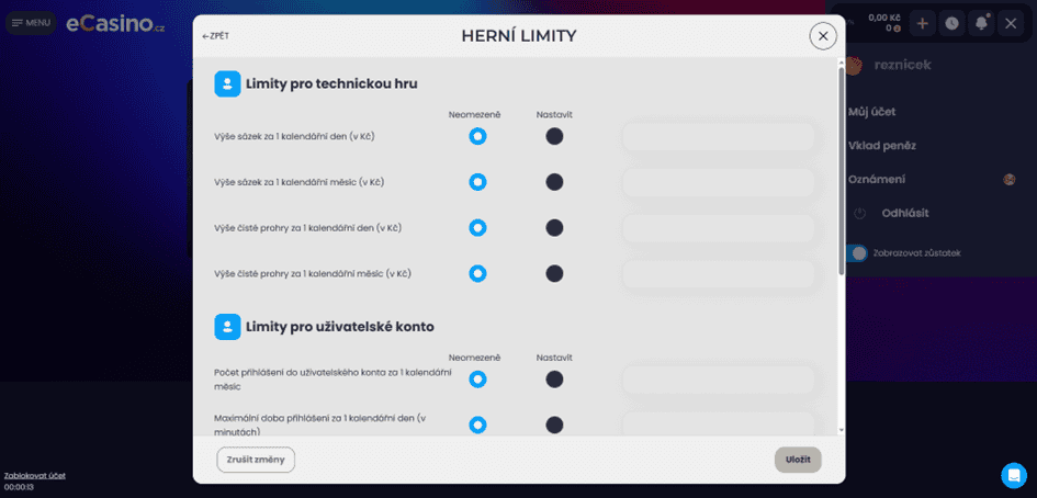 Nastavení herních limitů