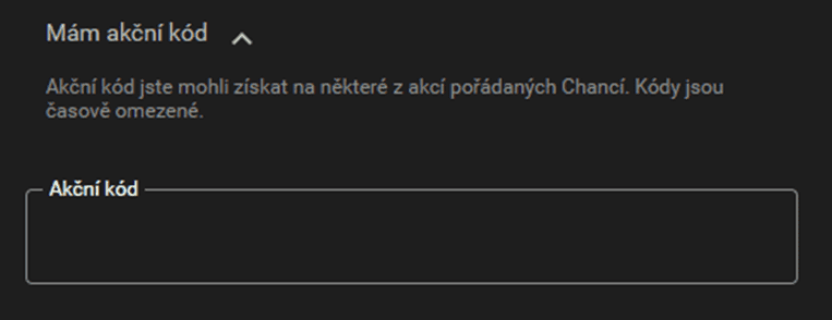klikněte na tlačítko „Mám akční kód“