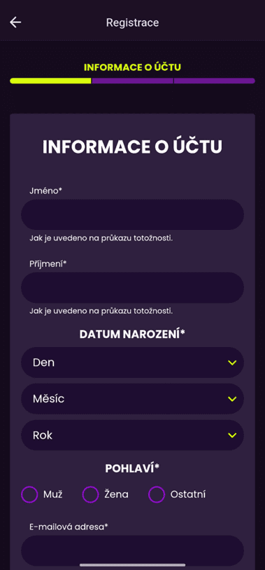 Registrace v mobilní aplikaci