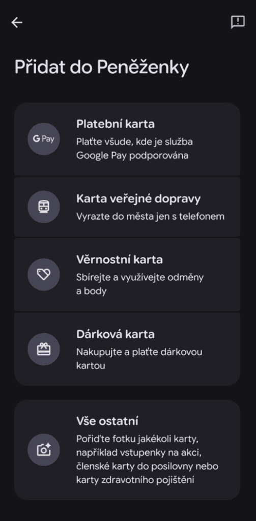 vyberte možnost Platební karta