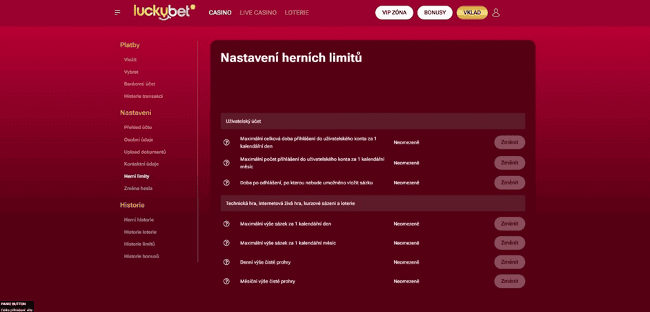 Nastavení herních limitů
