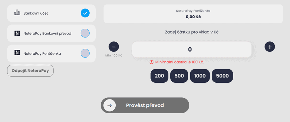 Výběr peněz z hráčského účtu