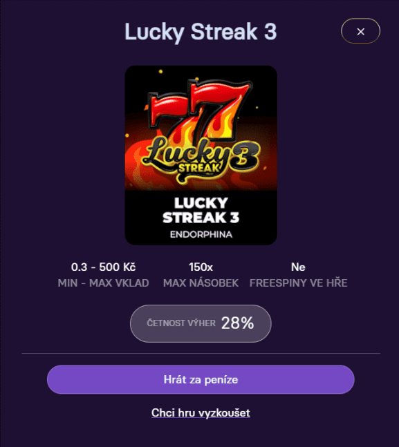 Hit rate u hry Lucky Streak 3 na Grandwinu