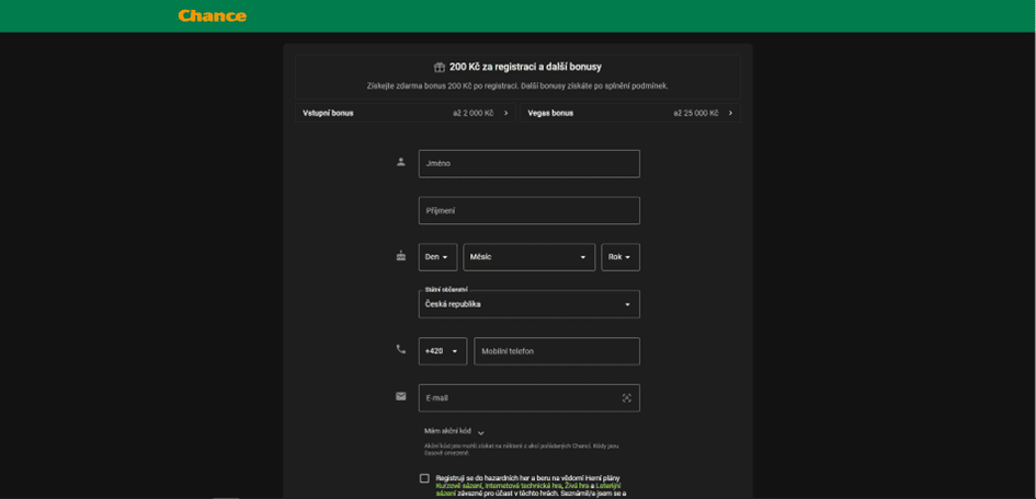 Registrační formulář na Chanci